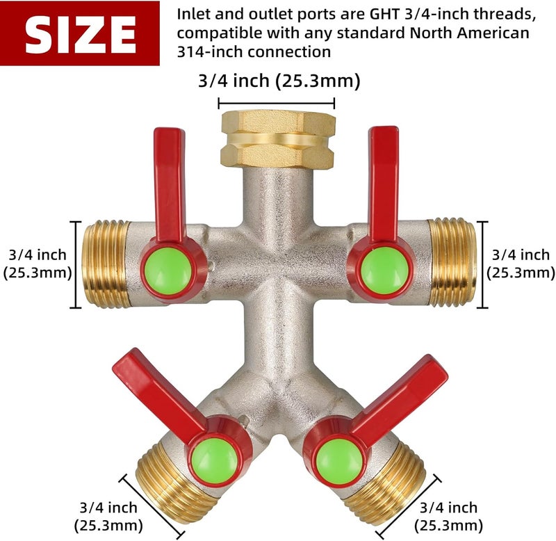 DINGBAI Hose Splitter 4 Way, High Flow Garden Hose Splitter, 3/4” Ght Inlet Brass Heavy Duty Hose Converter, Full Flow water 4 Way Faucet hose splitter, Long Handle Hose Valve Large Outlet. - Image 2